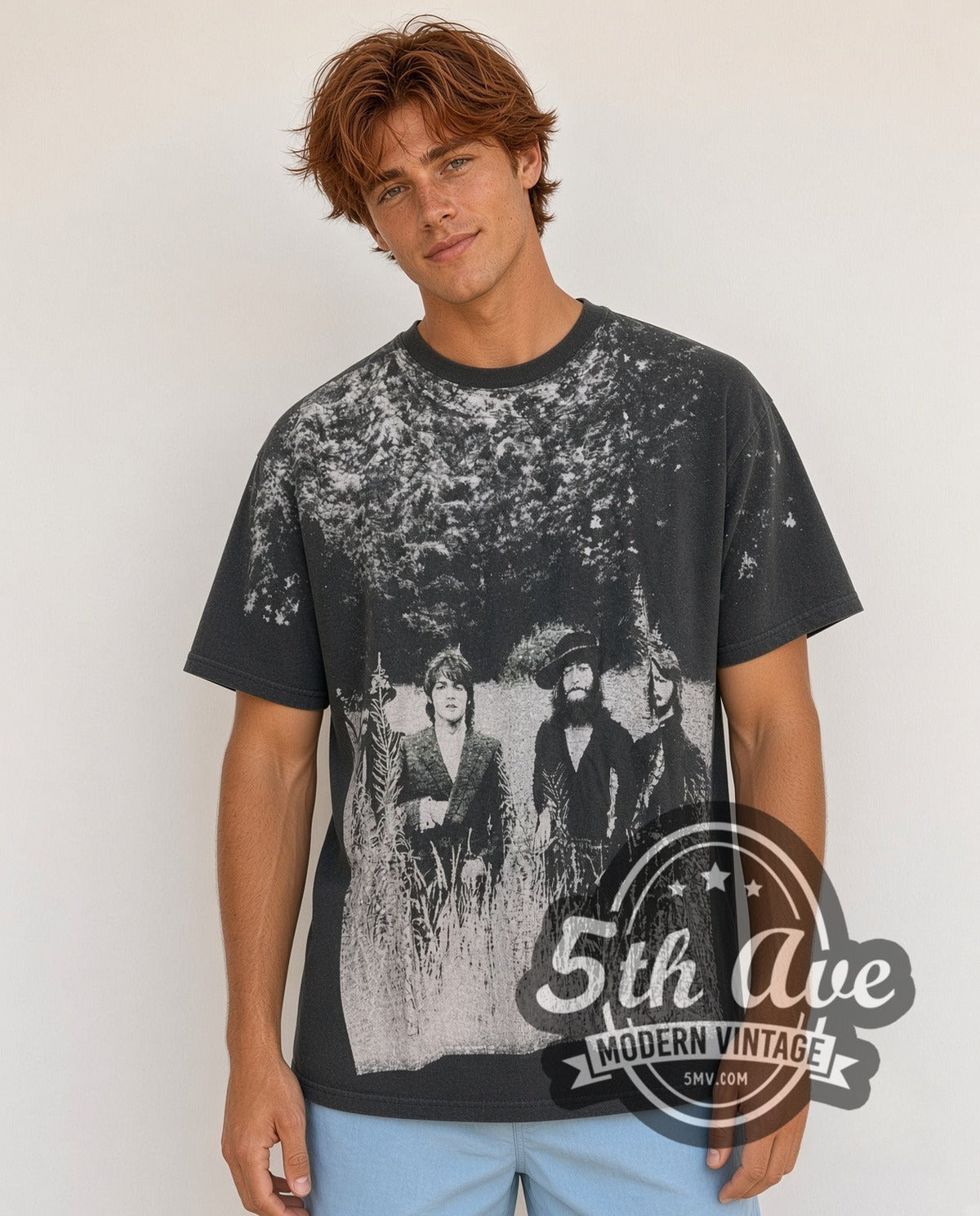 Model wearing The Beatles Field Portrait Bleached Shoulders vintage band t-shirt