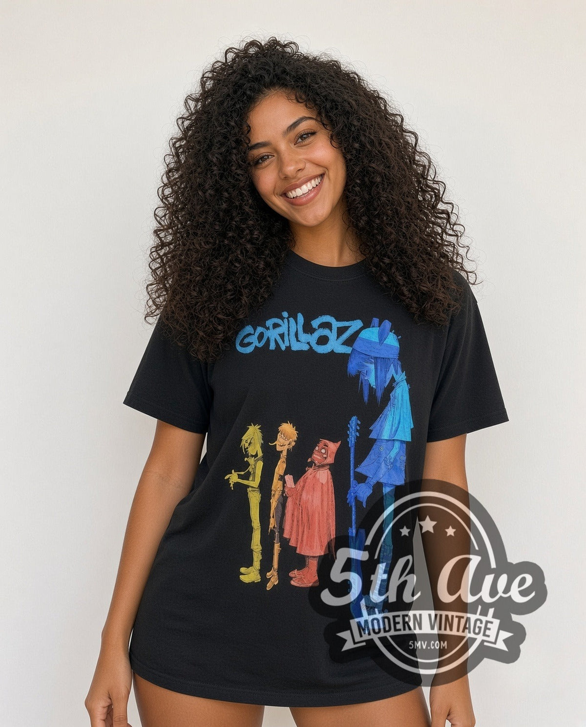 Model wearing the Gorillaz Four Color Profile Lineup vintage band t-shirt
