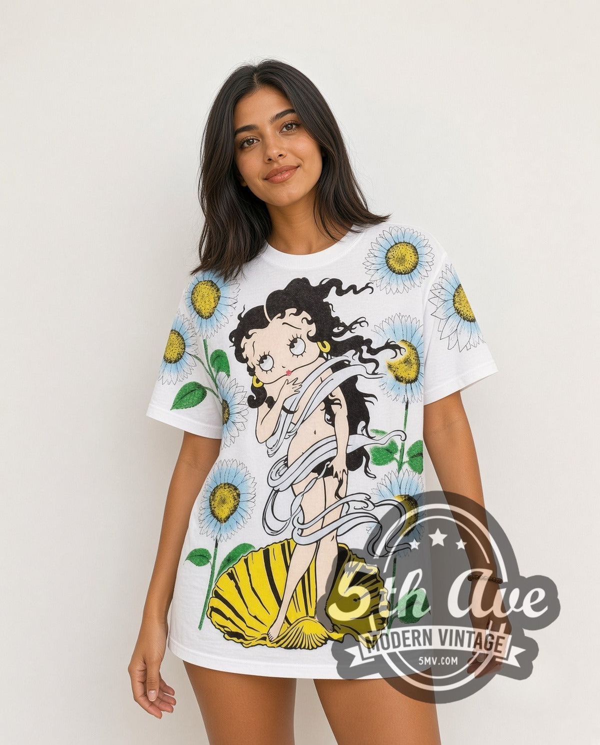 Model wearing the Betty Boop Birth of Venus all-over-print vintage cartoon tee