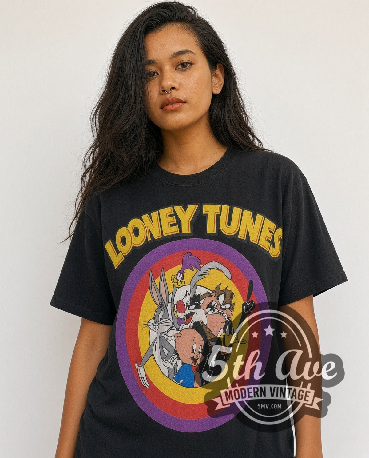 Model wearing the Looney Tunes TuneSquad vintage cartoon tee