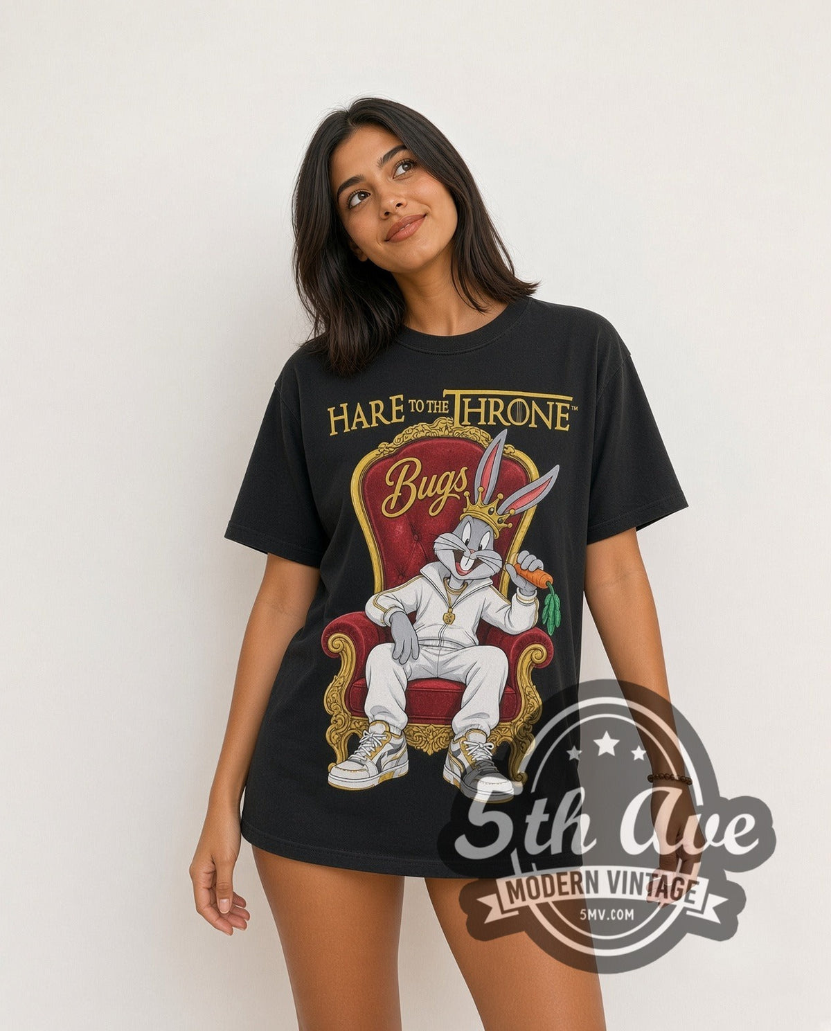 Model wearing the Bugs Bunny Hare Throne vintage cartoon tee
