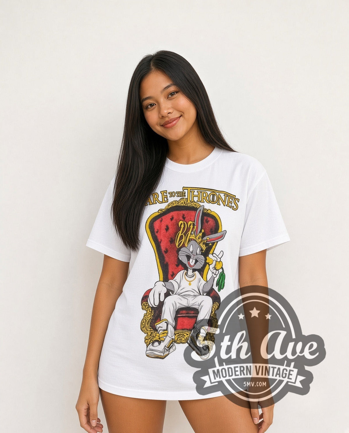 Model wearing the Bugs Bunny Hare to the Throne vintage cartoon tee