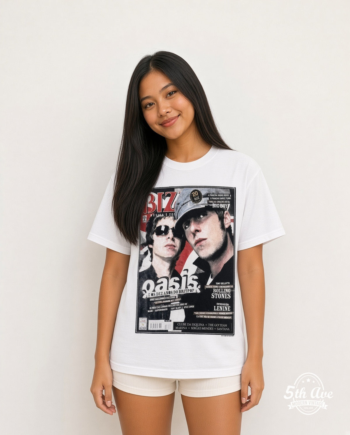 Model wearing Oasis BIZZ Britpop Cover White vintage band tee