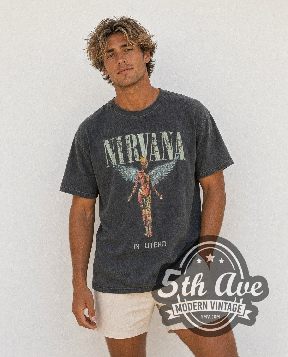 Model wearing the Nirvana In Utero Stone Wash Anatomical Angel vintage band t-shirt