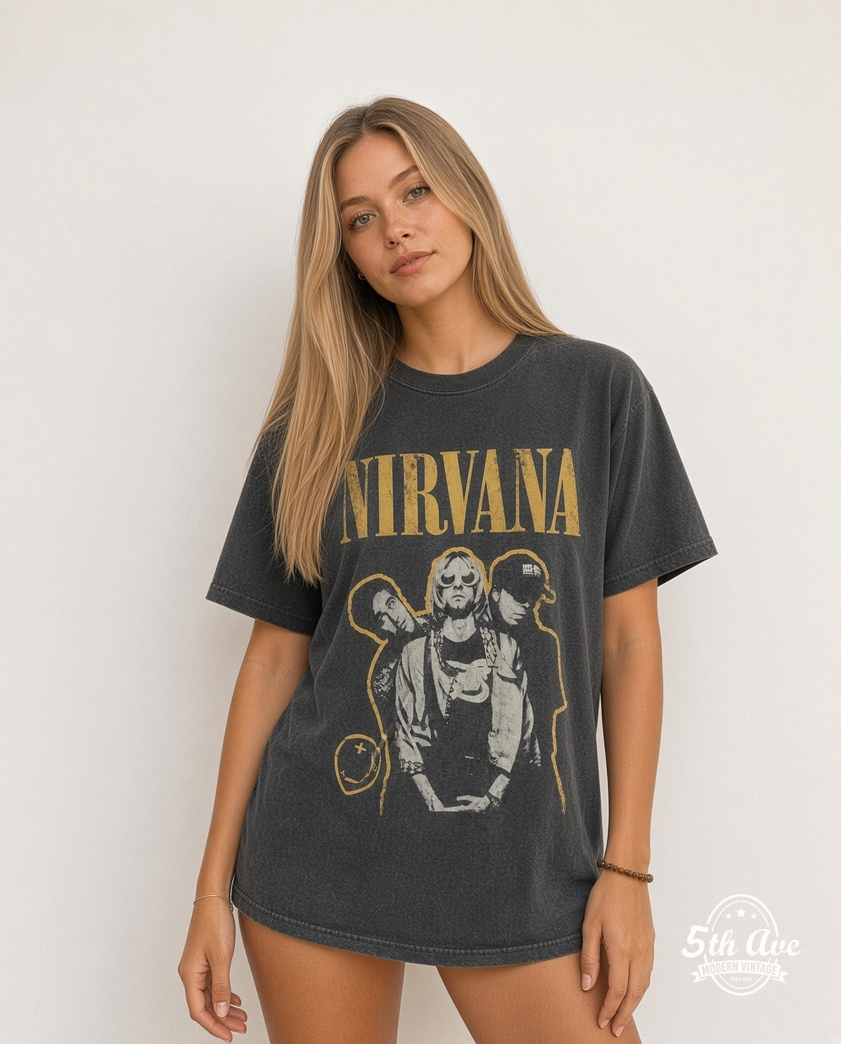 Model wearing the Nirvana Yellow Outline Kurt Sunglasses vintage band t-shirt