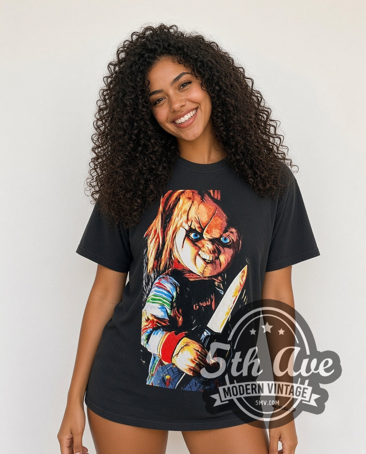 Model wearing the Child's Play Chucky with Knife vintage movie t-shirt, photo 4