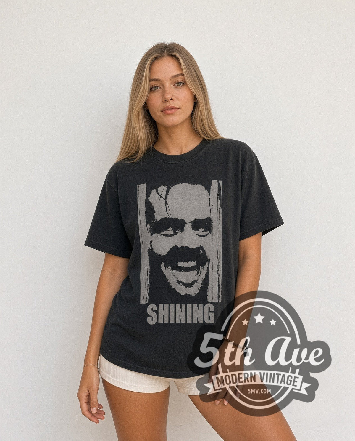 Model wearing The Shining Jack Torrance vintage movie t-shirt