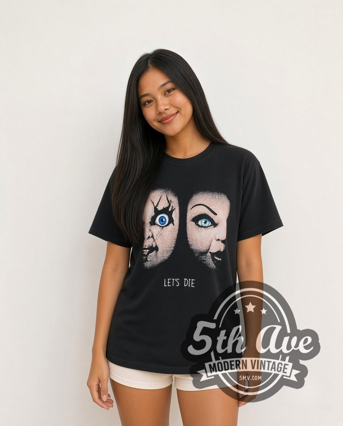 Model wearing the Child's Play Chucky Playtime Duo vintage graphic t-shirt