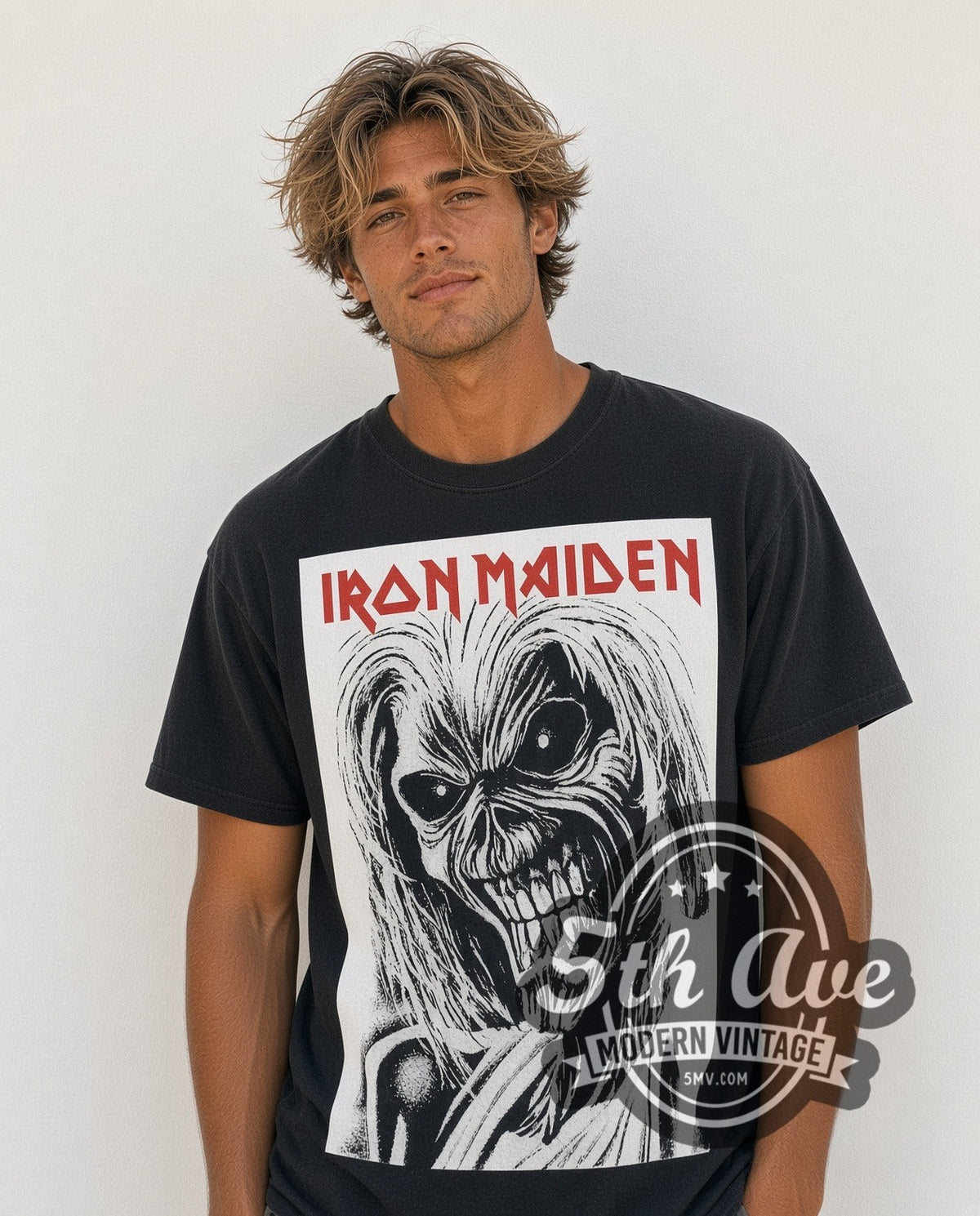 Model wearing the Iron Maiden Killers Monochrome Eddie Block vintage band t-shirt