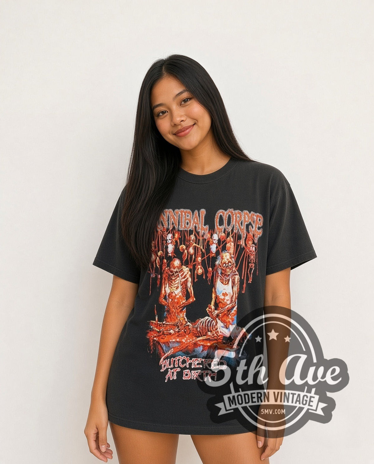 Model wearing the Cannibal Corpse Butchered at Birth vintage band t-shirt