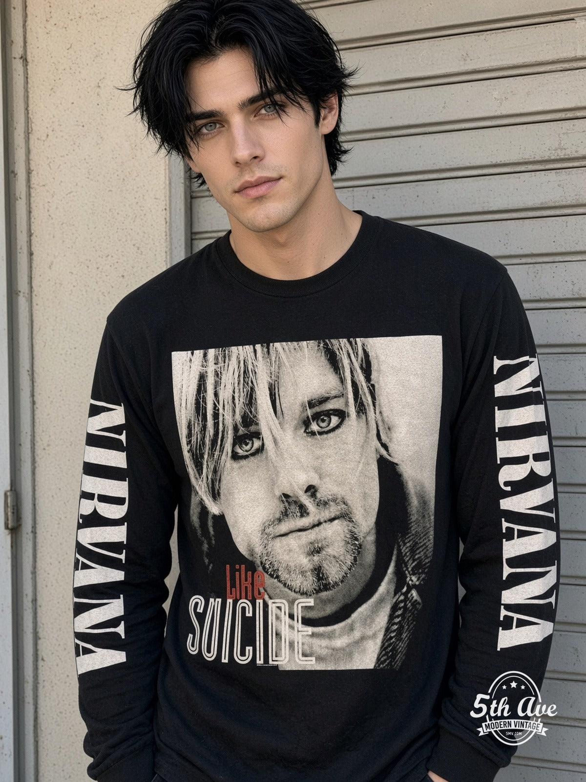 ETS LS 14 Nirvana Like Suicide Portrait long sleeve vintage tee worn by a model