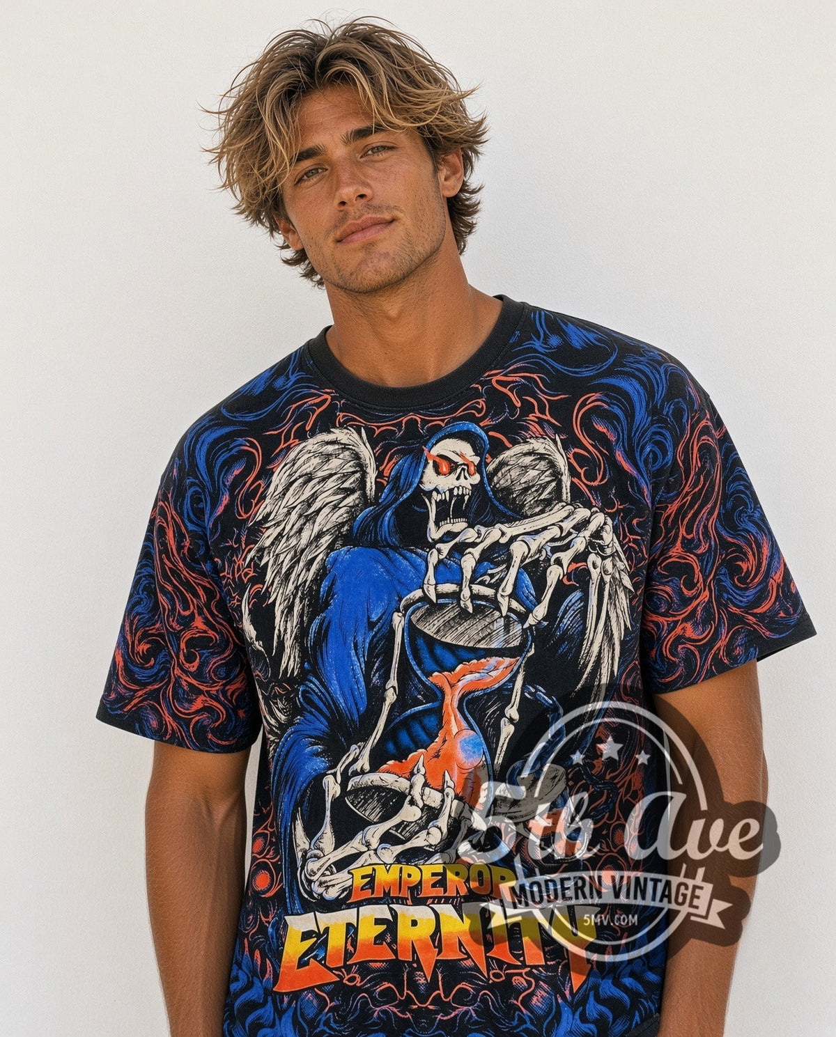 Model wearing the Emperor Eternity all-over-print vintage graphic tee (photo 4)