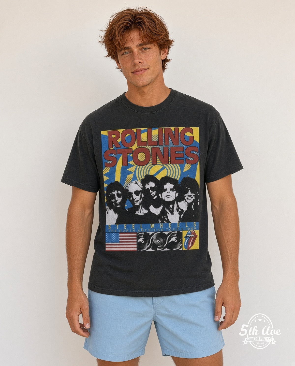 Model wearing the Rolling Stones Steel Wheels Band vintage band t-shirt in black