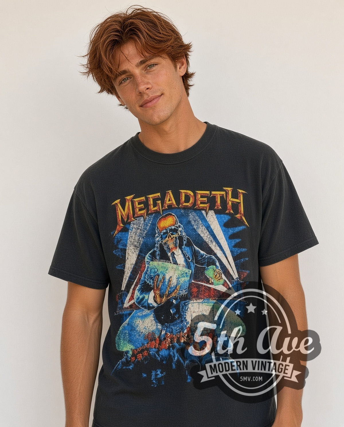Model wearing the Megadeth Rust in Peace Vic Searchlights Tracklist vintage band t-shirt