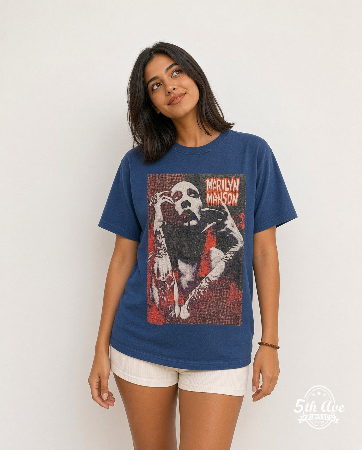 Model wearing the Marilyn Manson Halftone Red Portrait Hands Raised vintage band t-shirt