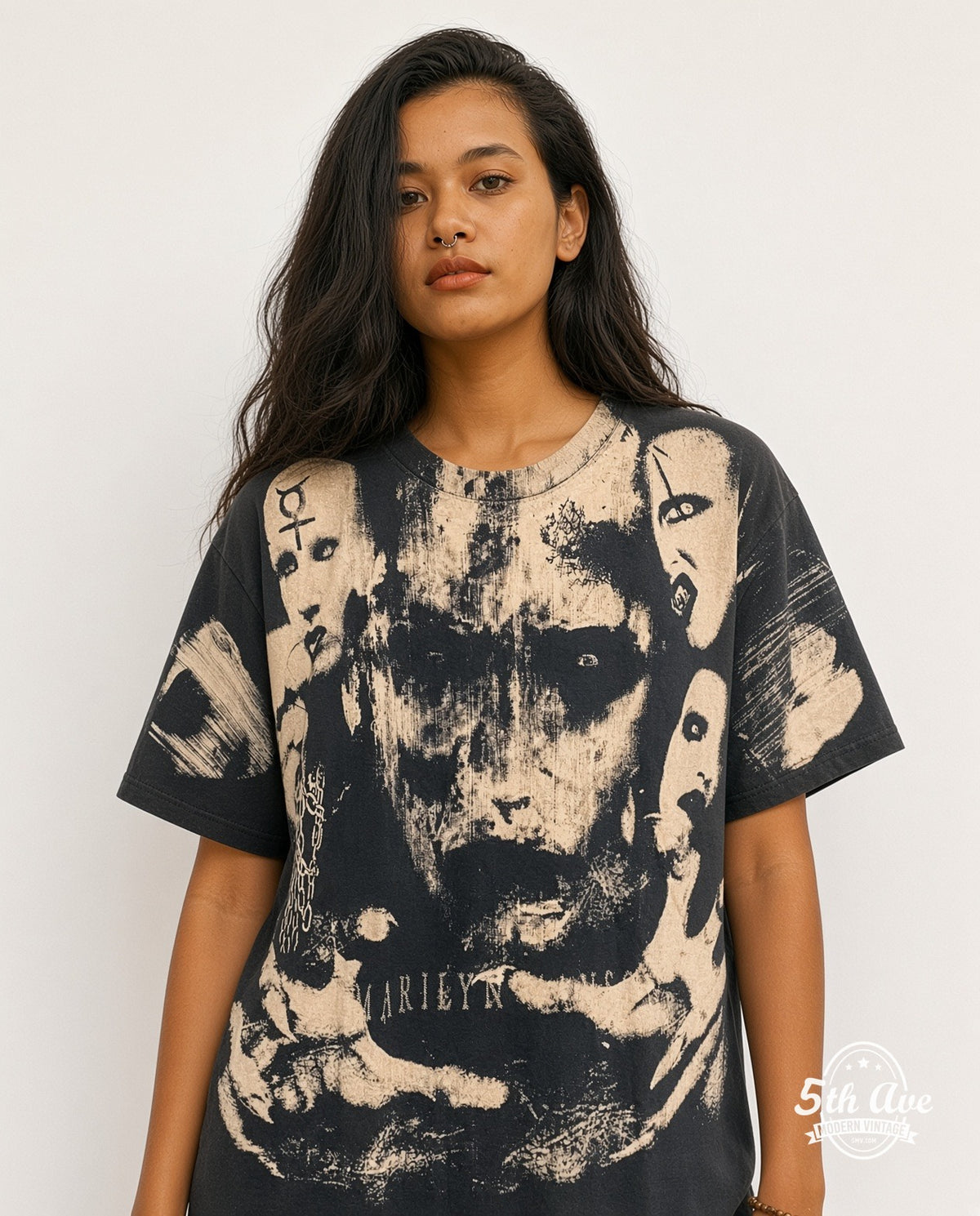 Model wearing the Marilyn Manson all-over-print vintage band t-shirt (photo 4)