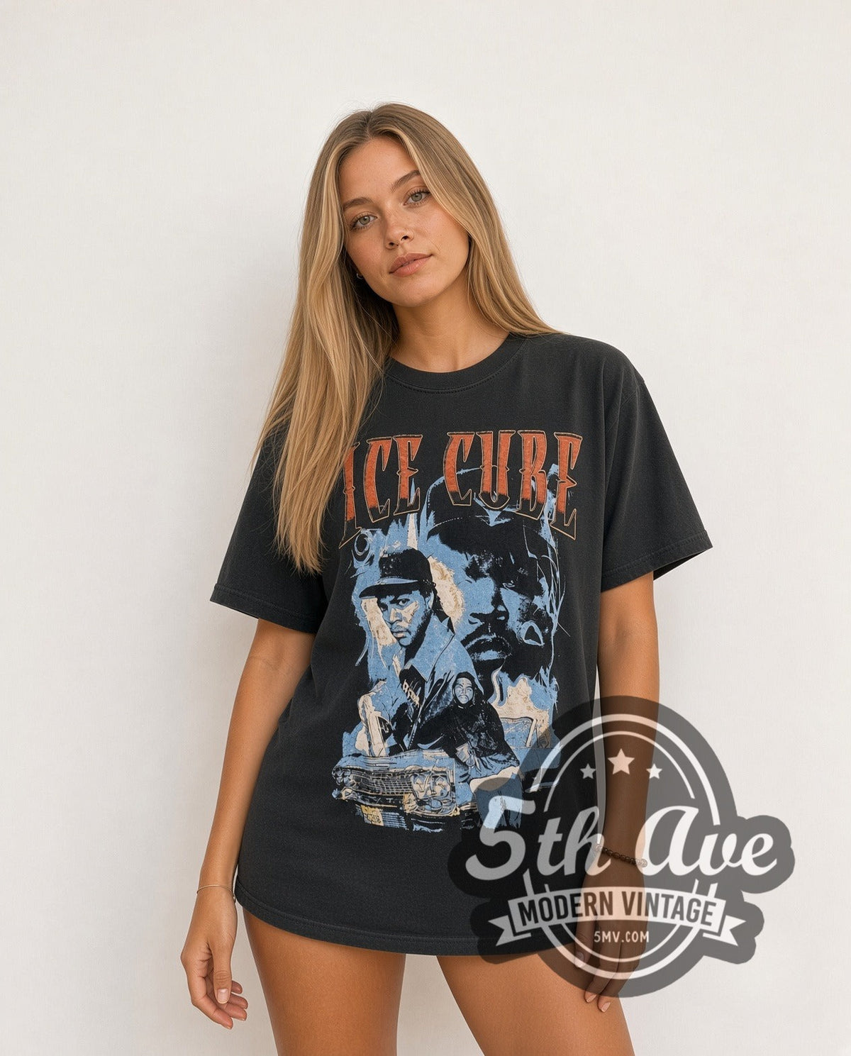 Model wearing the Ice Cube Collage vintage band t-shirt