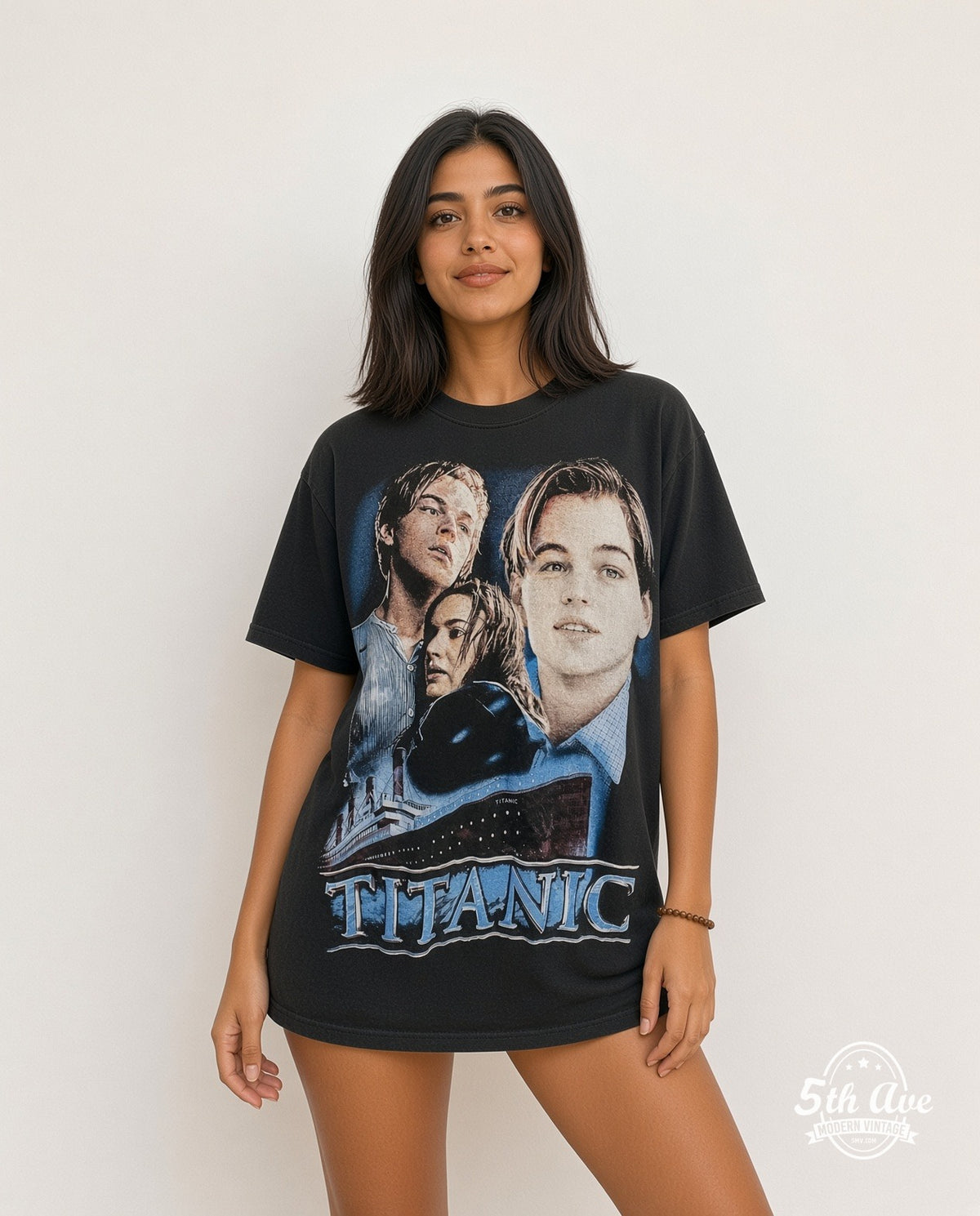 Model wearing the Titanic all-over-print movie tee