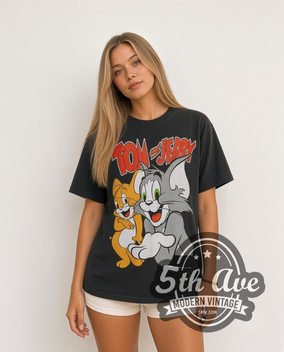 Model wearing the Tom and Jerry vintage cartoon tee