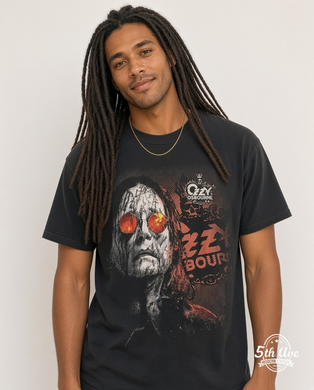 Model wearing the Ozzy Osbourne Red Sunglasses Cracked Portrait vintage band t-shirt