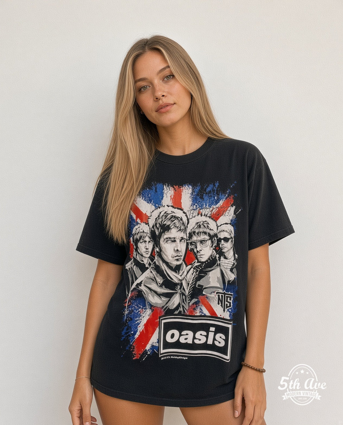 Model wearing the Oasis Union Jack NTS Band Illustration vintage band t-shirt