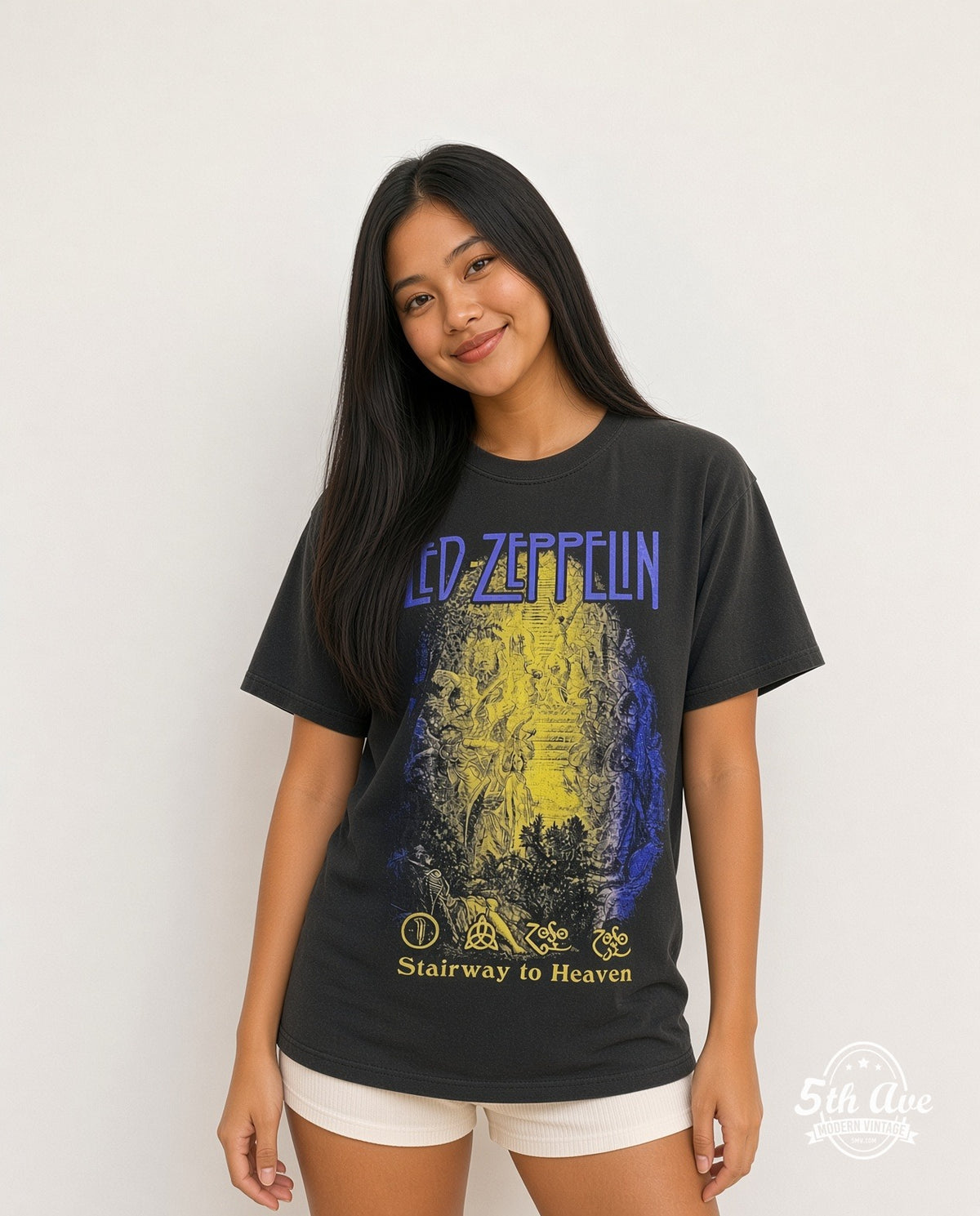 Model wearing the Led Zeppelin Stairway to Heaven vintage band t-shirt