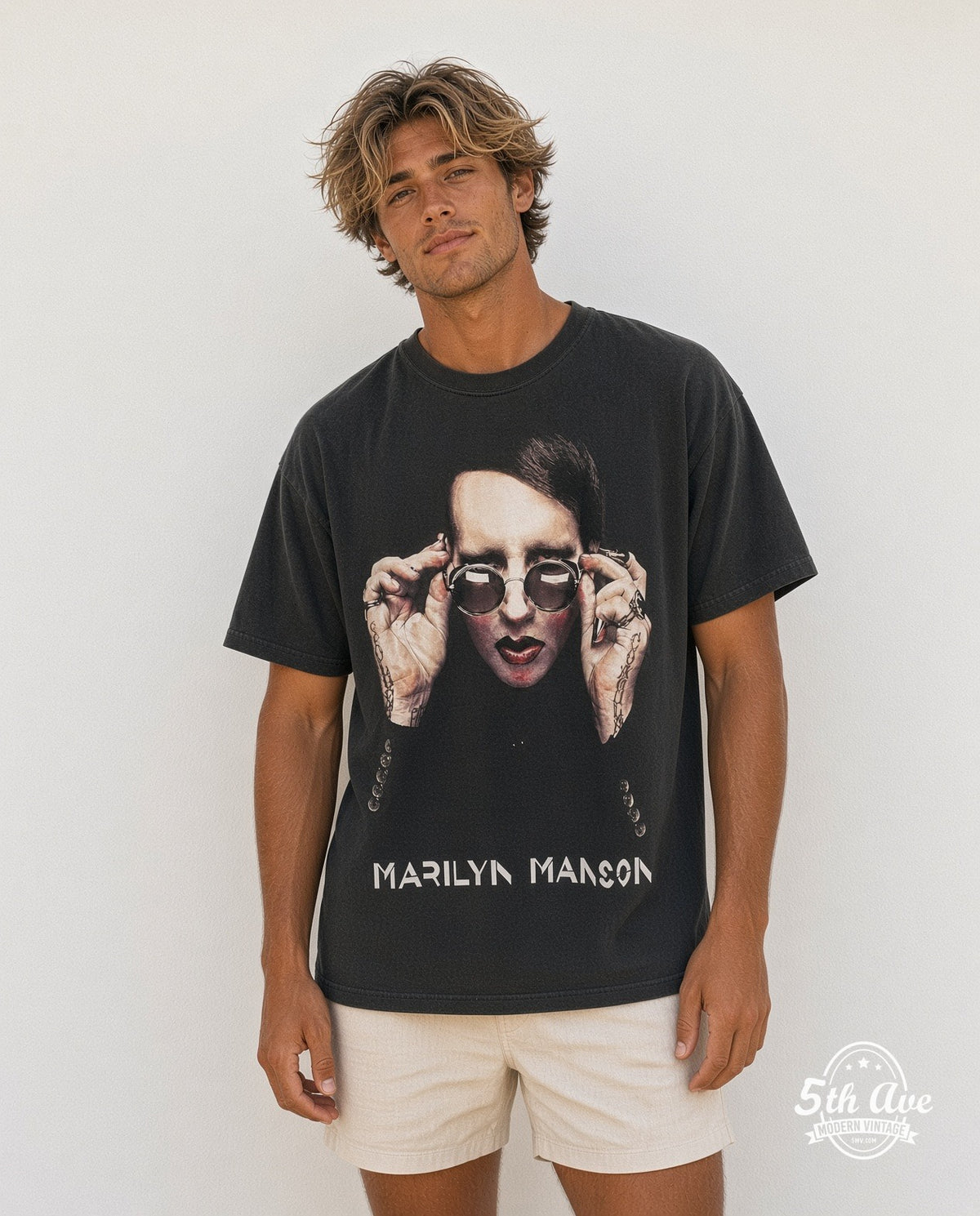 Model wearing the Marilyn Manson Sunglasses Portrait vintage band t-shirt