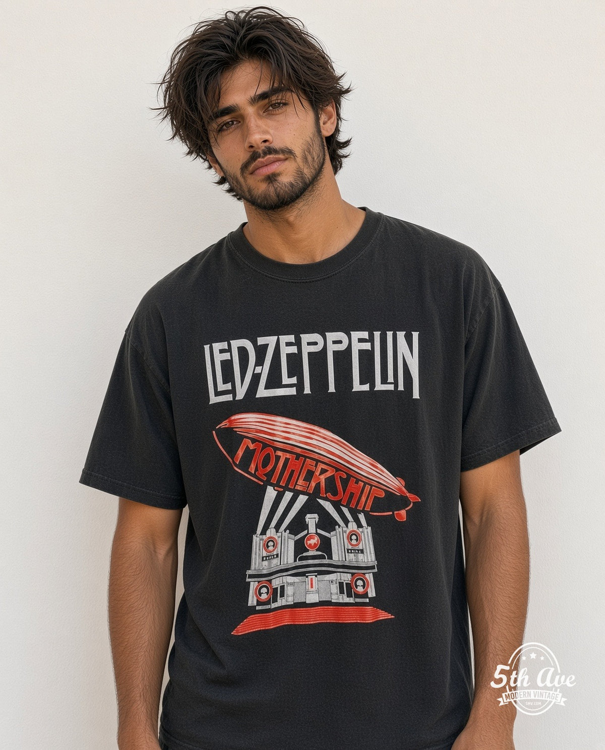 Model wearing the Led Zeppelin Zeppelin Airship Logo vintage band t-shirt