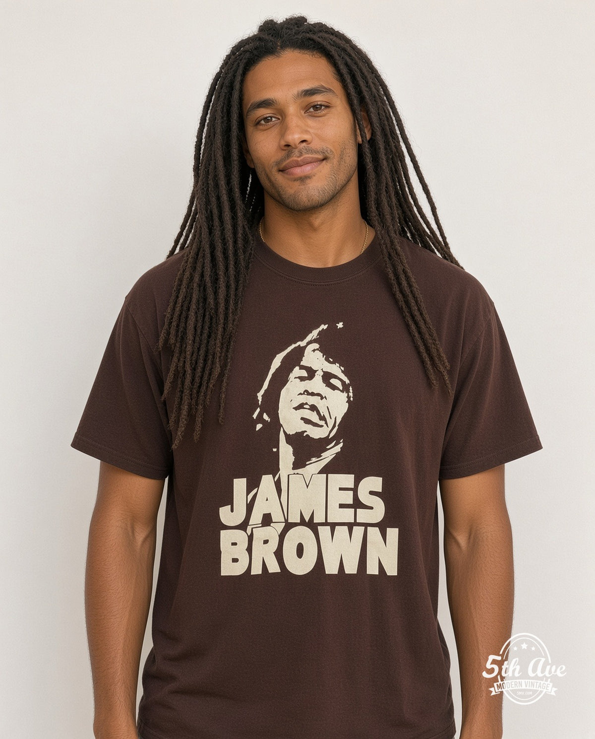 Model wearing the James Brown vintage band t-shirt
