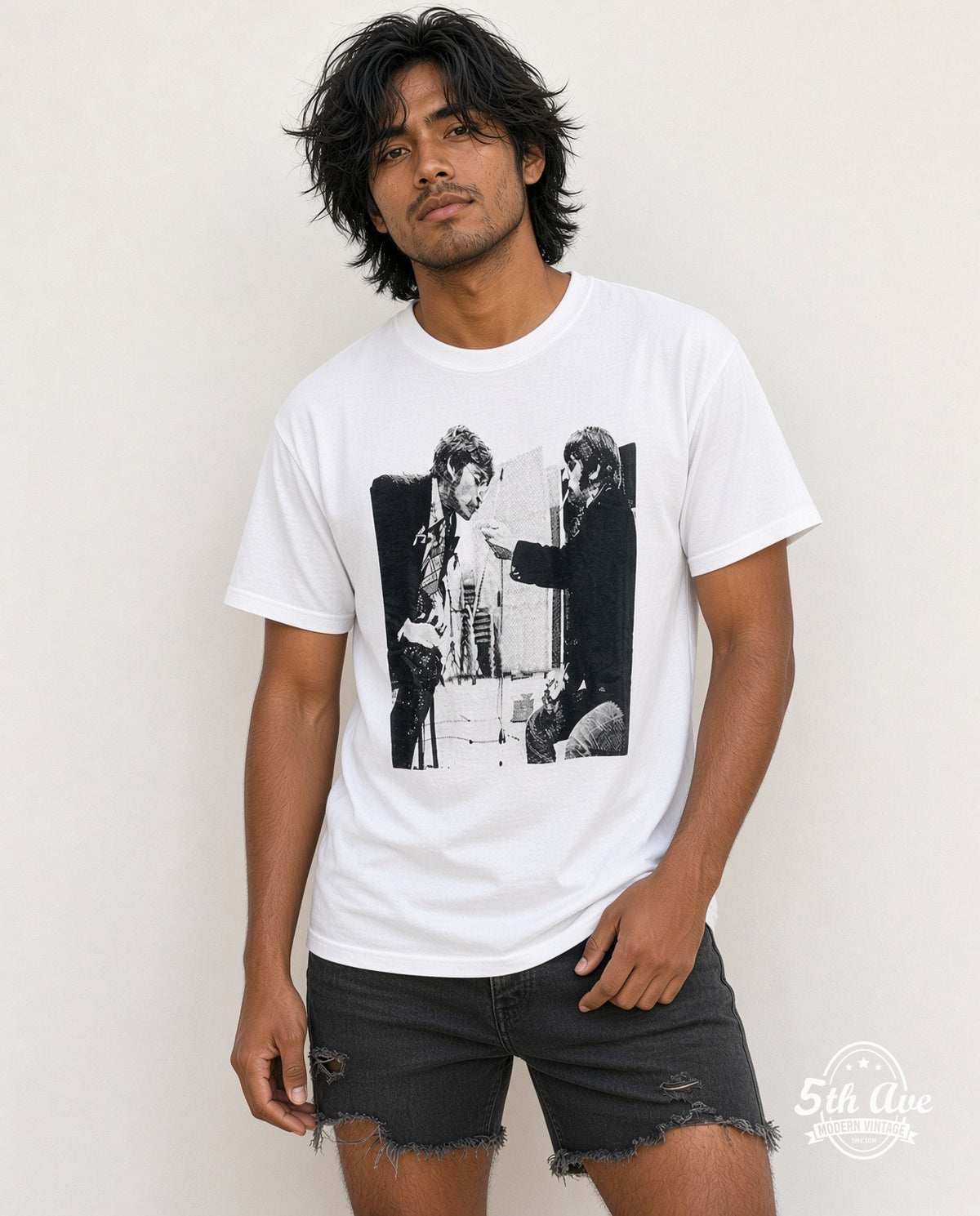 Model wearing The Beatles Cigarettes vintage band t-shirt