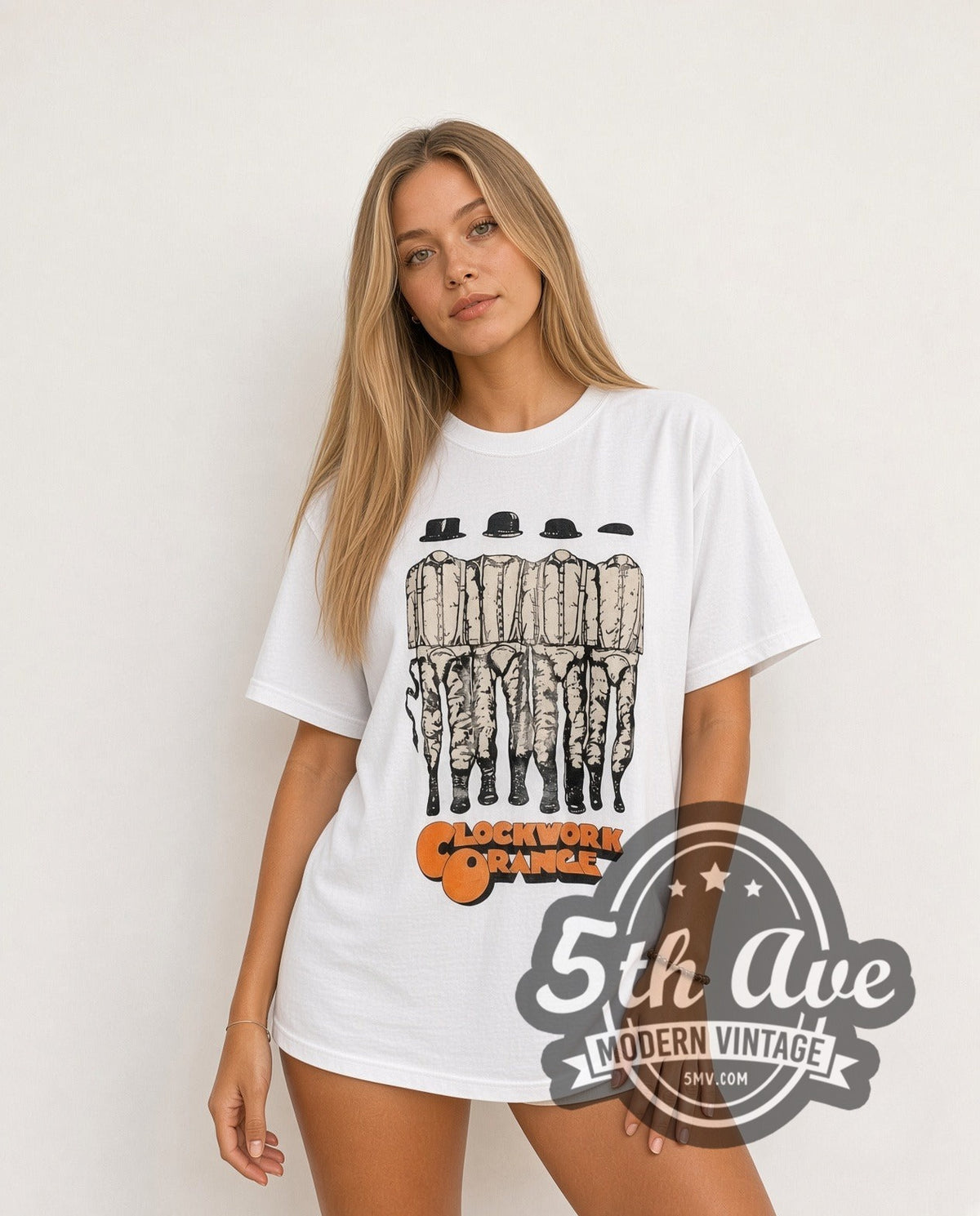 Model wearing the A Clockwork Orange Droogs Lineup vintage movie t-shirt in white