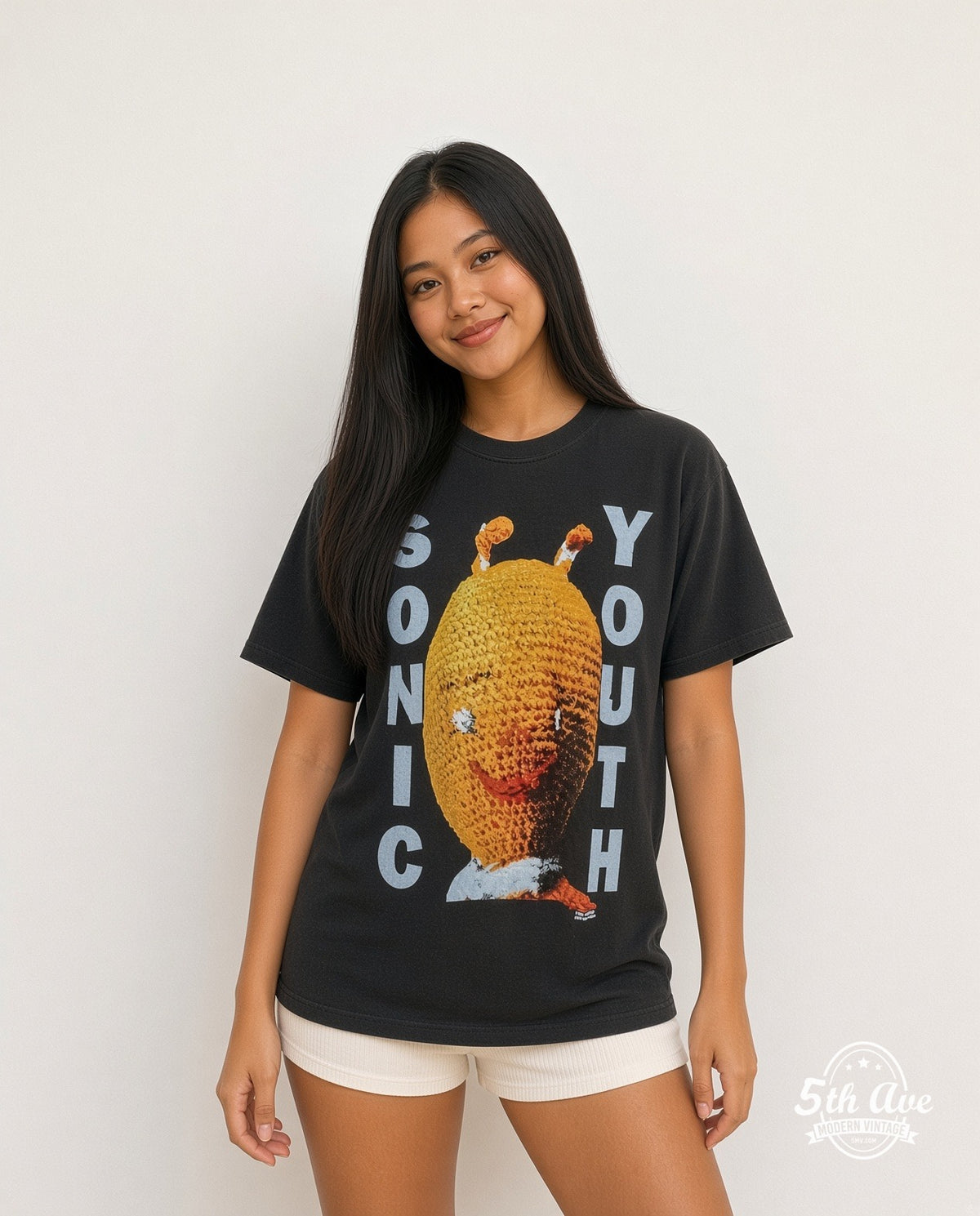 Model wearing the Sonic Youth Dirty Knitted Doll vintage band t-shirt