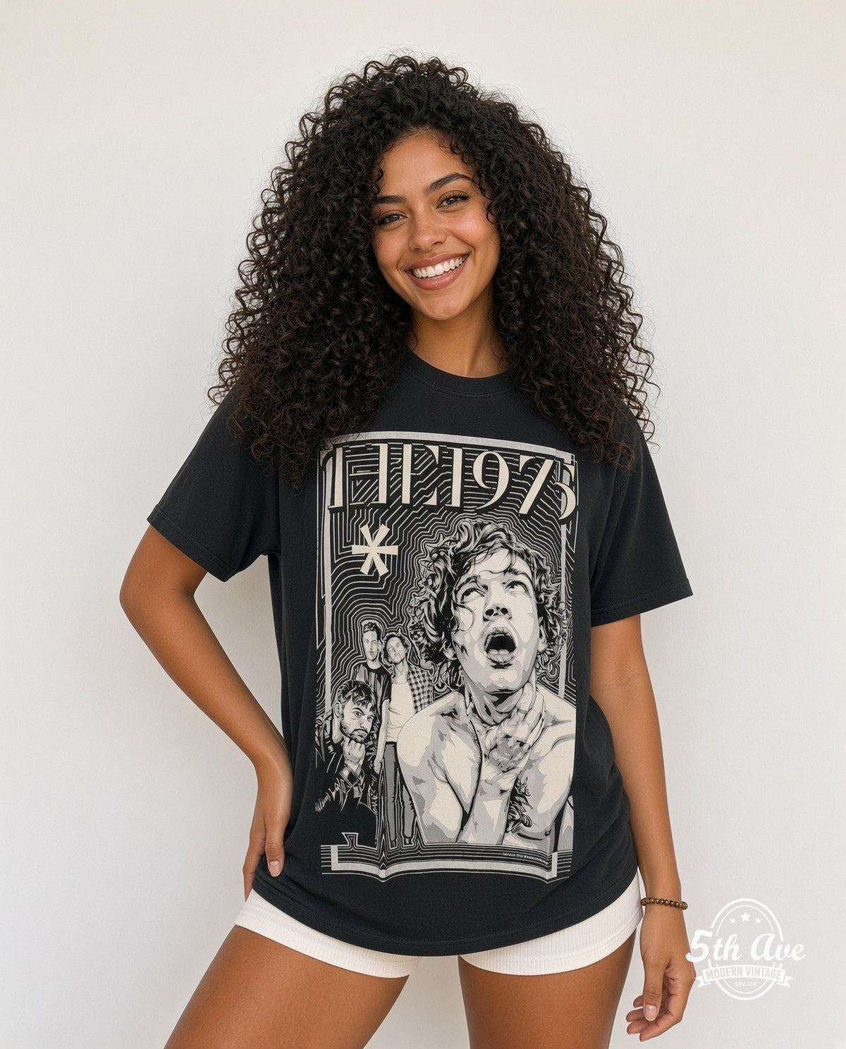 Model wearing The 1975 Matty Healy Shirtless Band Asterisk vintage band t-shirt