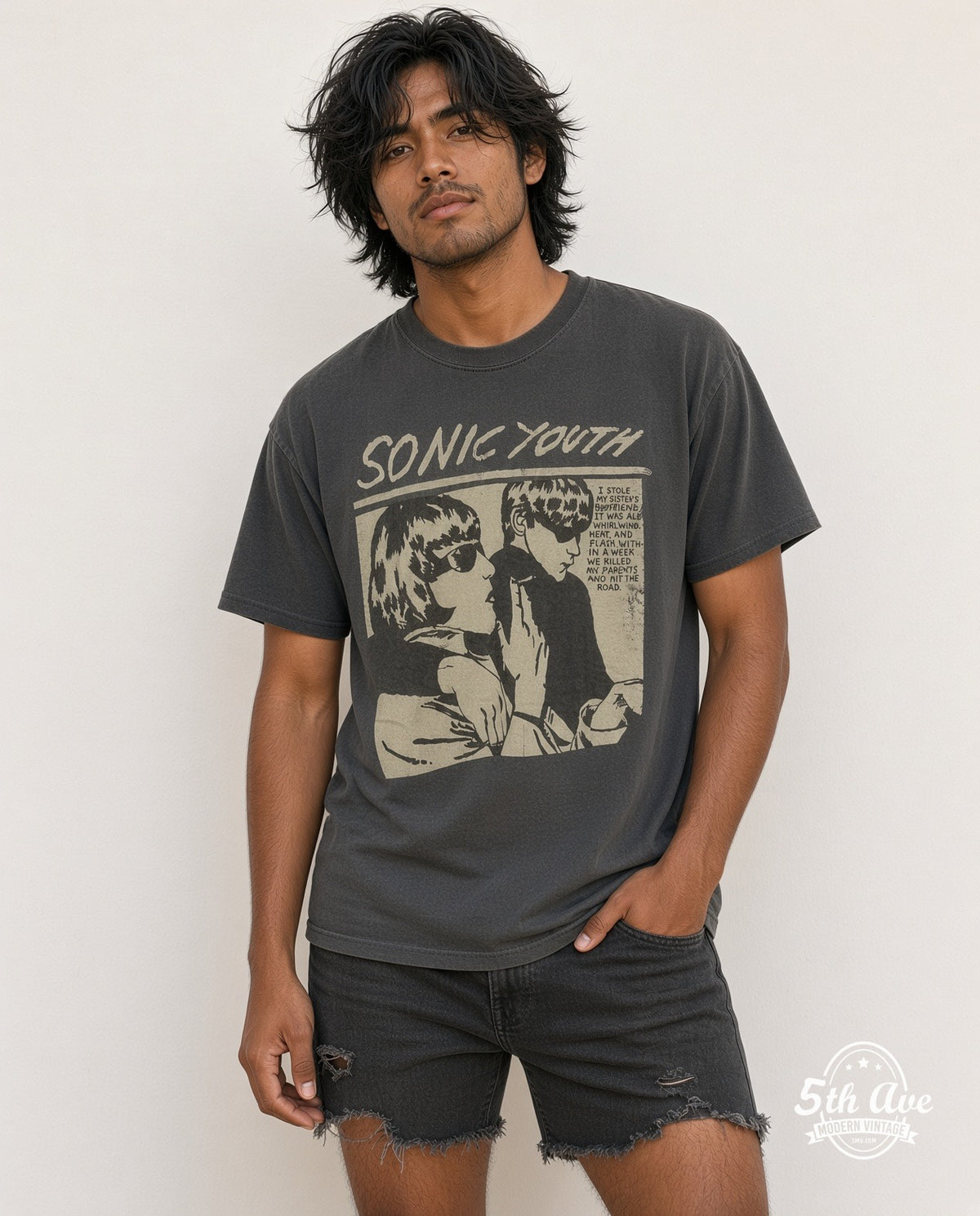 Model wearing the Sonic Youth Goo vintage band t-shirt