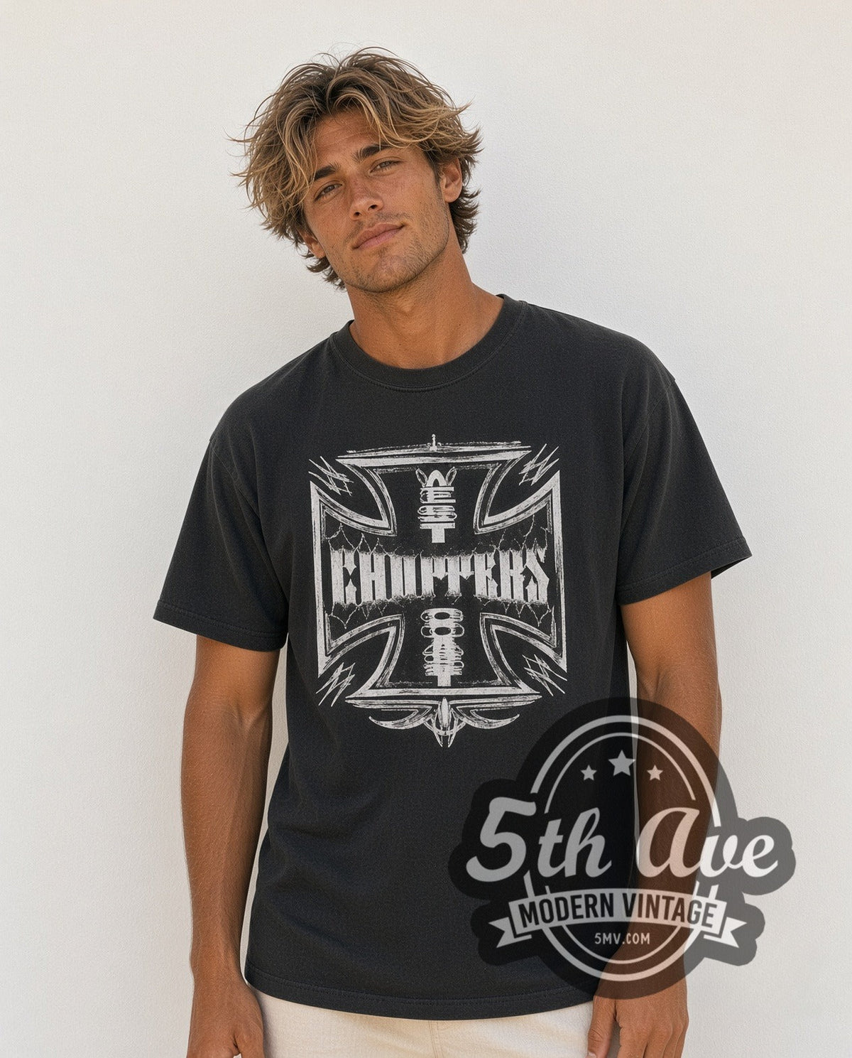 Model wearing the West Coast Choppers Iron Cross Vintage Motorsports graphic tee