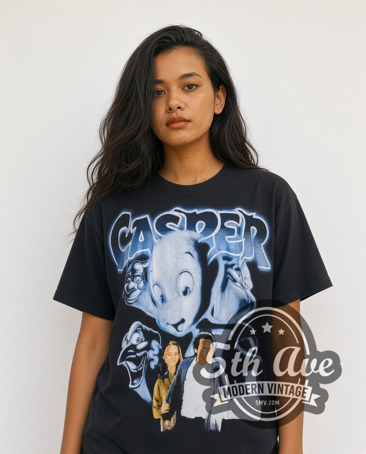Model wearing the Casper all-over-print vintage movie t-shirt