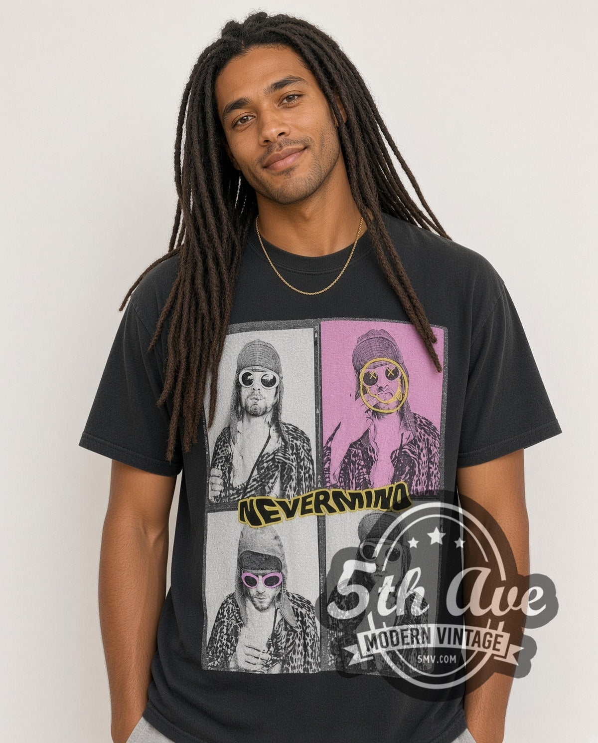 Model wearing the Nirvana Nevermind Four-Panel Kurt Leopard Grid vintage band t-shirt