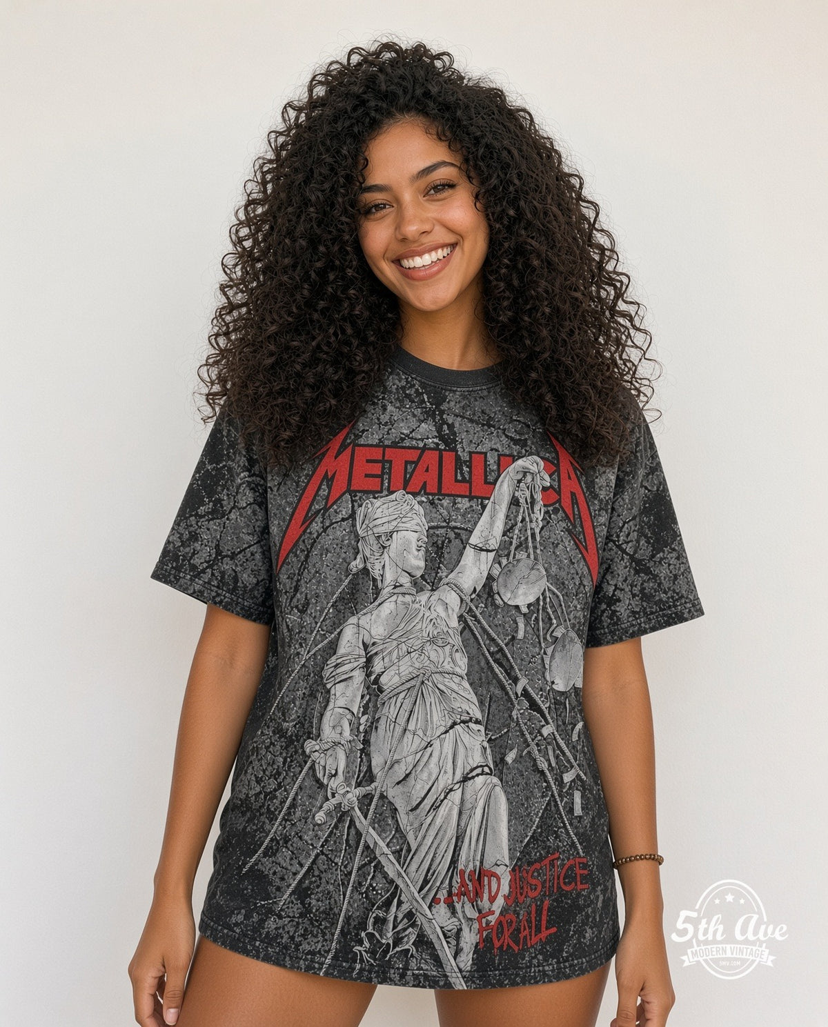 Model wearing the Metallica ...And Justice for All Lady Justice all-over-print vintage band t-shirt