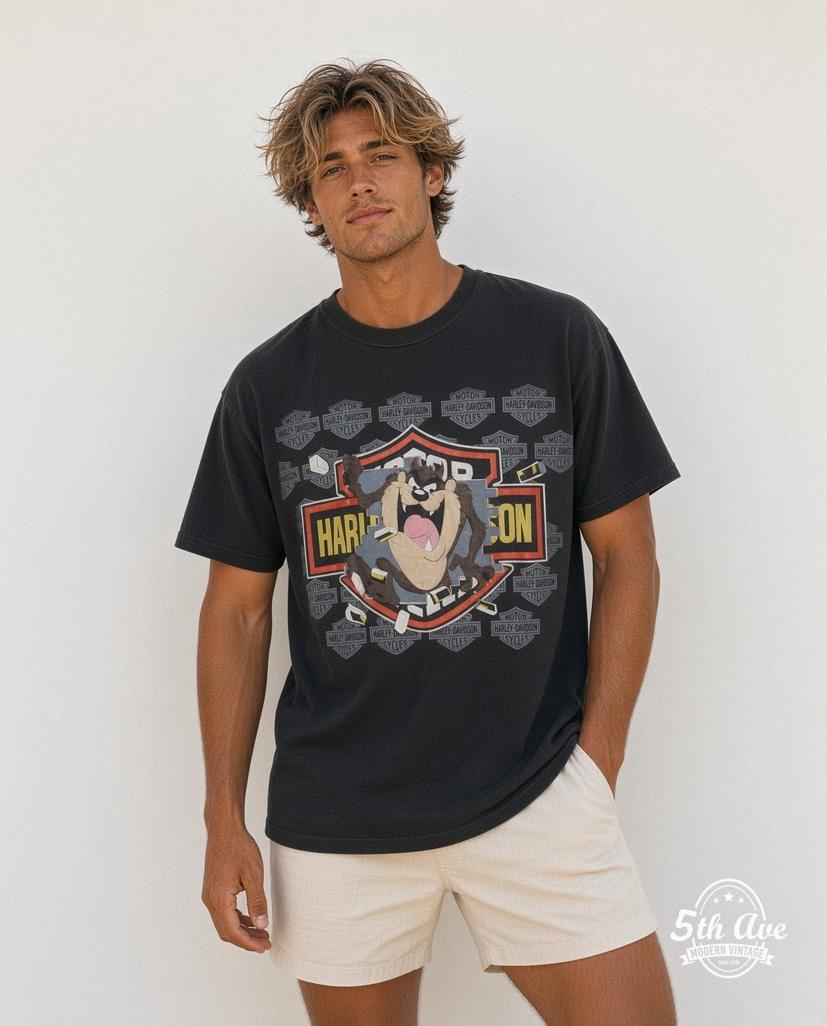 Model wearing the Harley-Davidson Looney Tunes Taz-Mania Harley Davidson Animation graphic tee