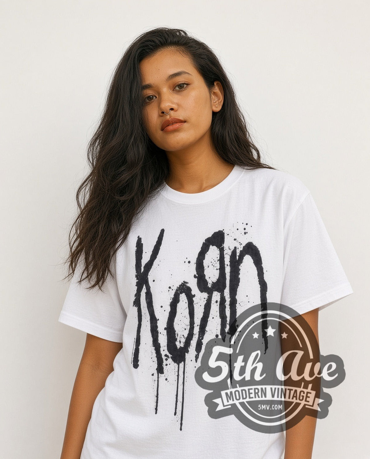 Model wearing the Korn Drip Logo vintage band t-shirt in white