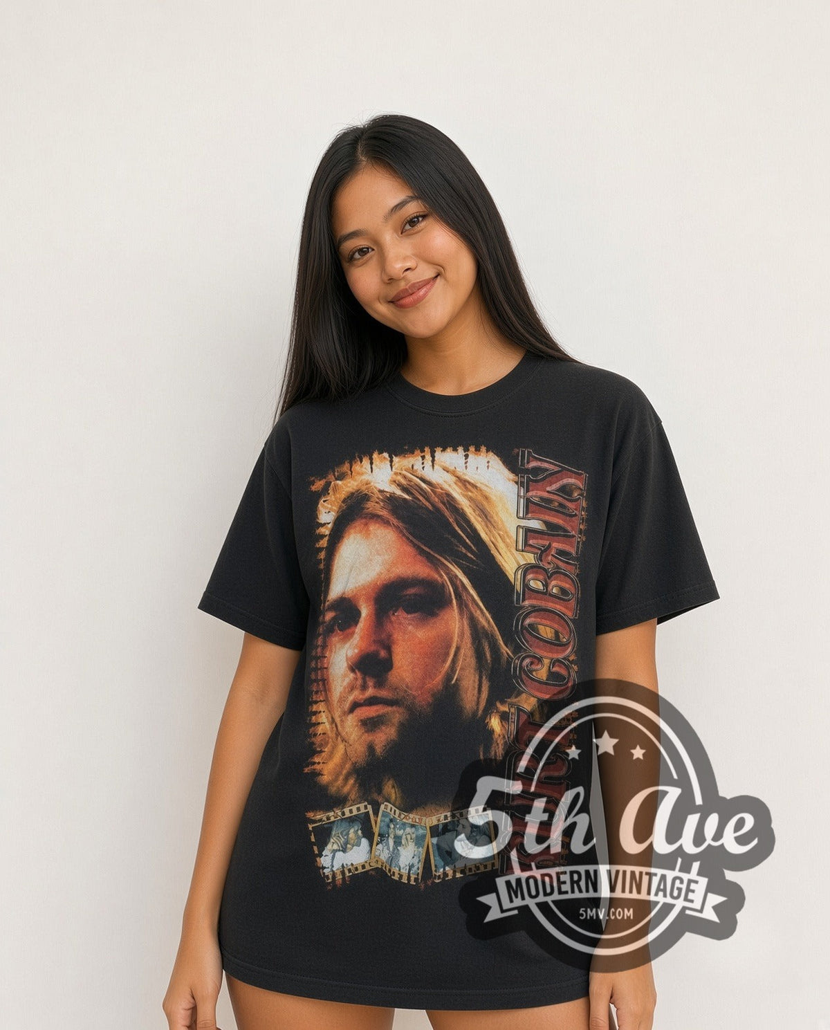 Model wearing the Nirvana Kurt Cobain Portrait with Live Stage Back vintage band t-shirt