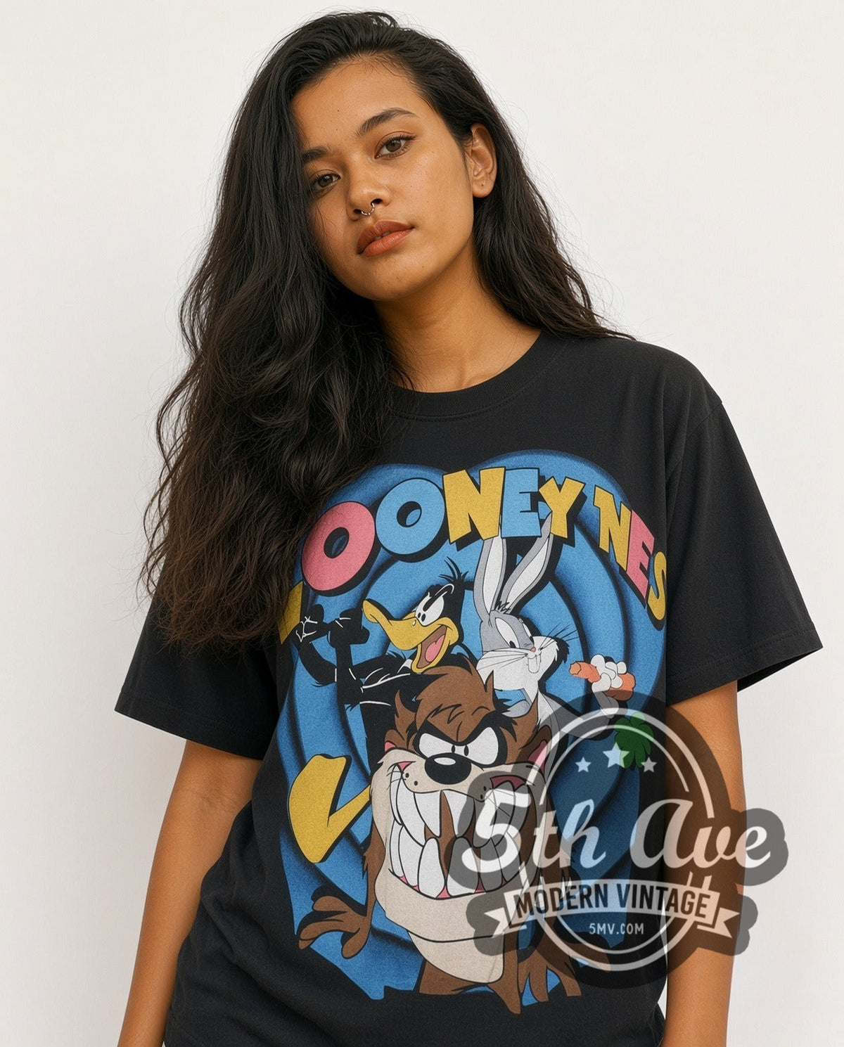 Model wearing the Bugs Bunny Looney Tunes Bugs Bunny Daffy Duck and Taz-Mania vintage cartoon tee