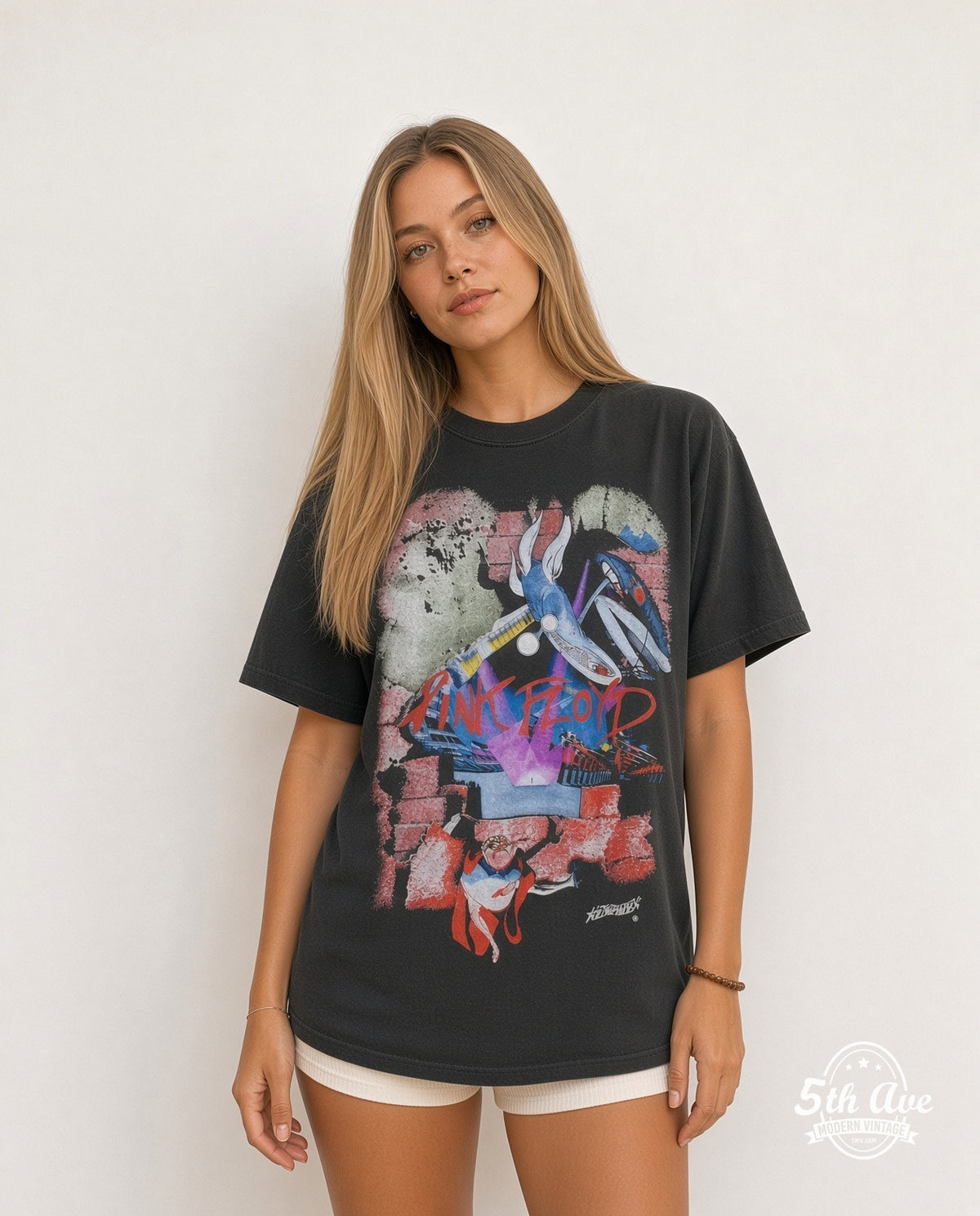 Model wearing the Pink Floyd The Wall Movie Collage Judge vintage band t-shirt