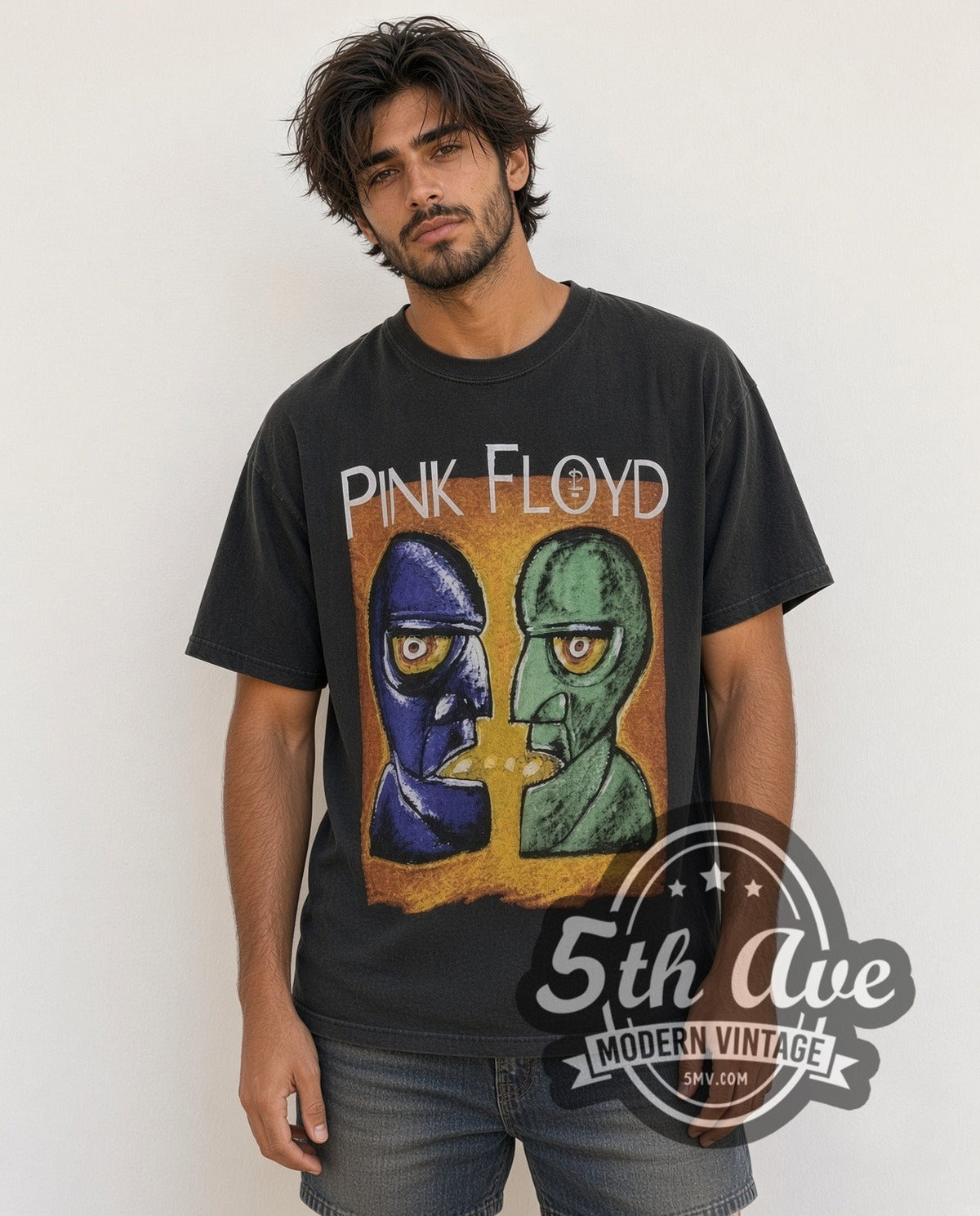 Model wearing the Pink Floyd The Wall Division Bell Faces Collage vintage band t-shirt