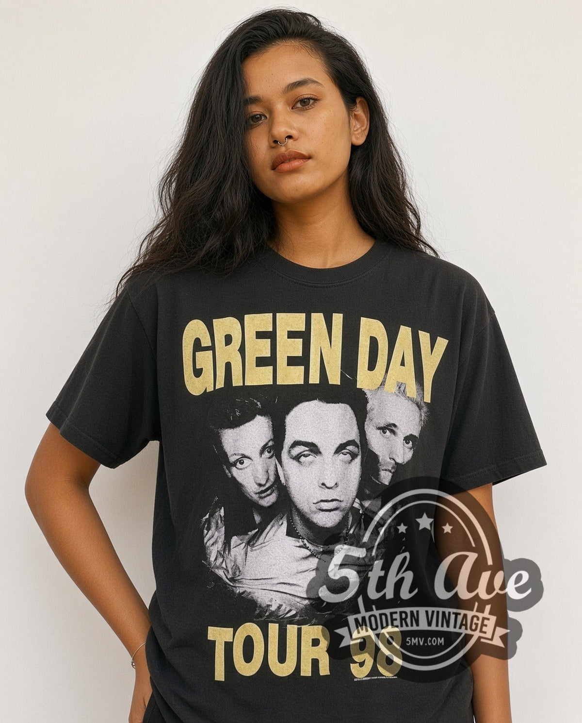 Model wearing the Green Day Nimrod Tour T-Shirt Classic Band Design vintage band t-shirt