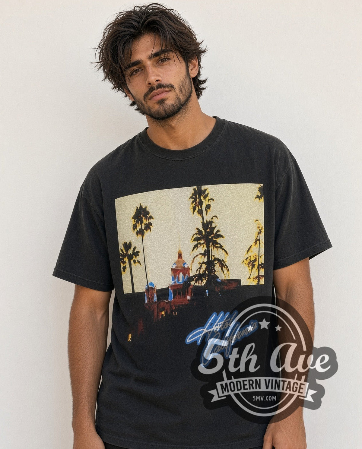 Model wearing the Eagles Hotel California Tribute Tee vintage band t-shirt