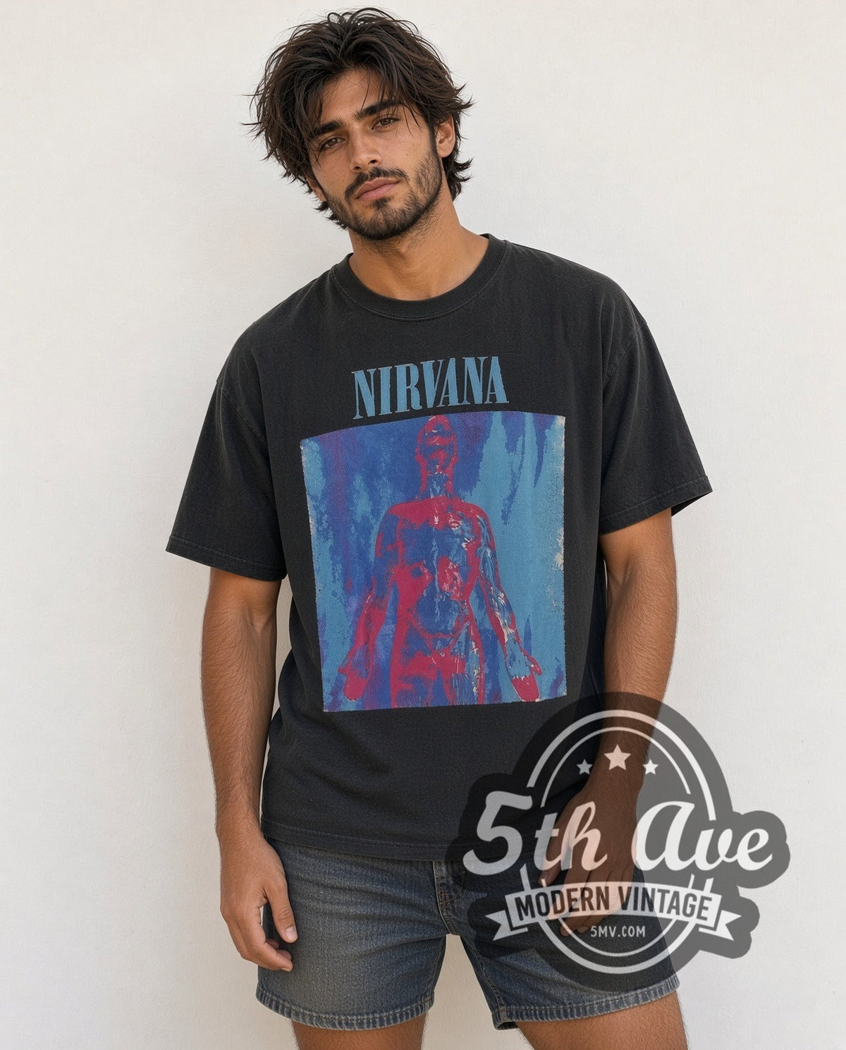 Model wearing the Nirvana Sliver Front and Back Print vintage band t-shirt