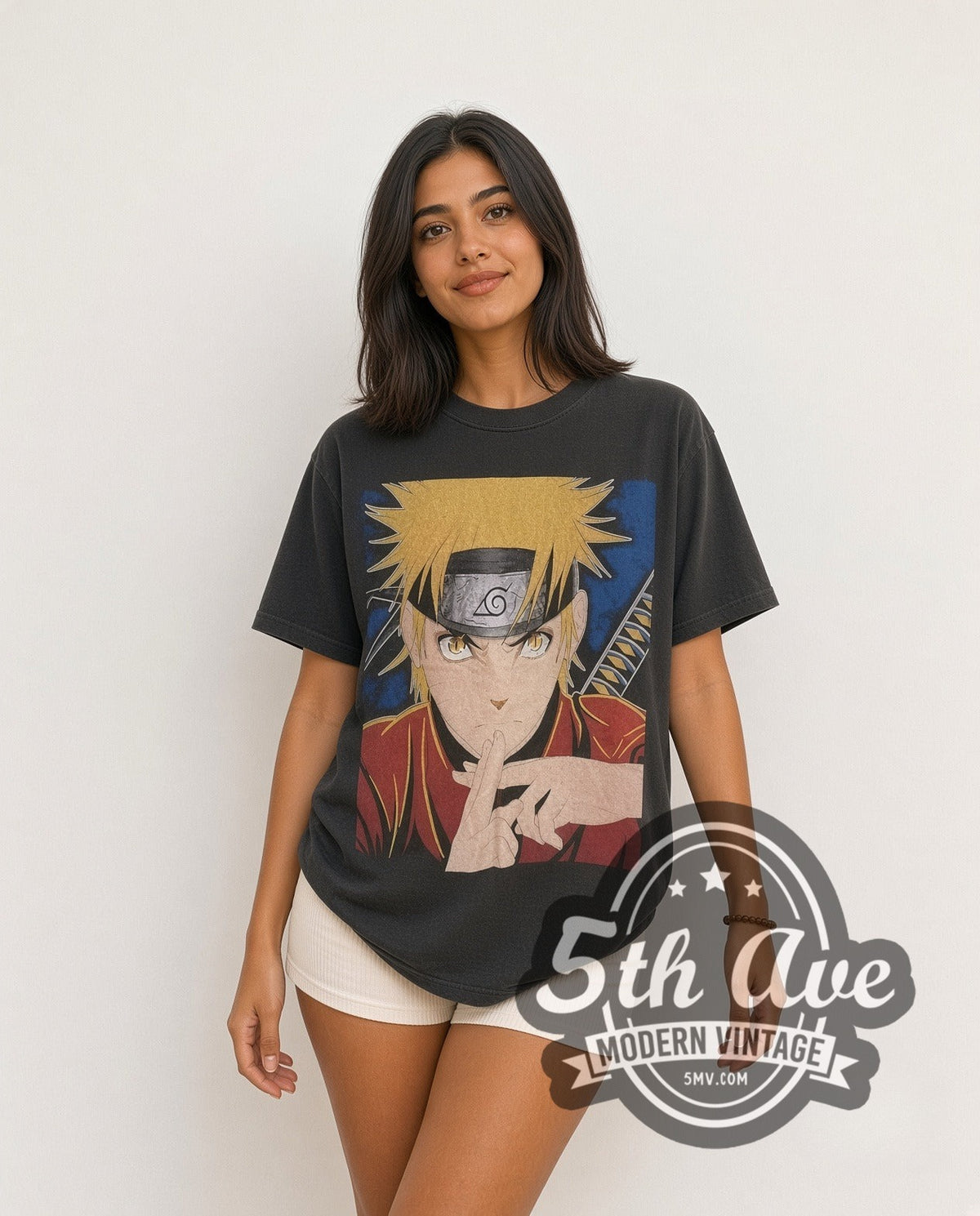 Model wearing the Naruto Shippuden all-over-print vintage anime t-shirt