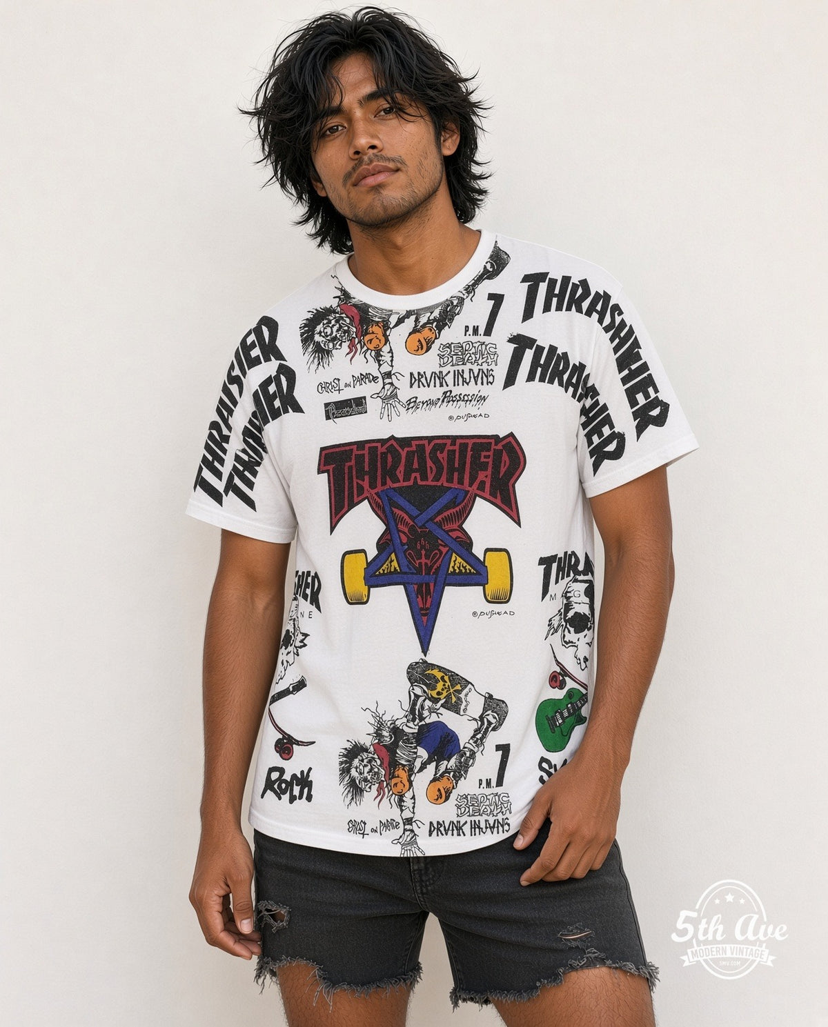 Model wearing the Thrasher x Pushead Skate Collage all-over-print graphic tee in white