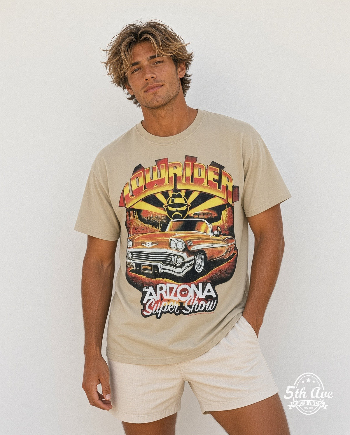 Model wearing the Rollin Hard Arizona Super Show Lowrider graphic tee